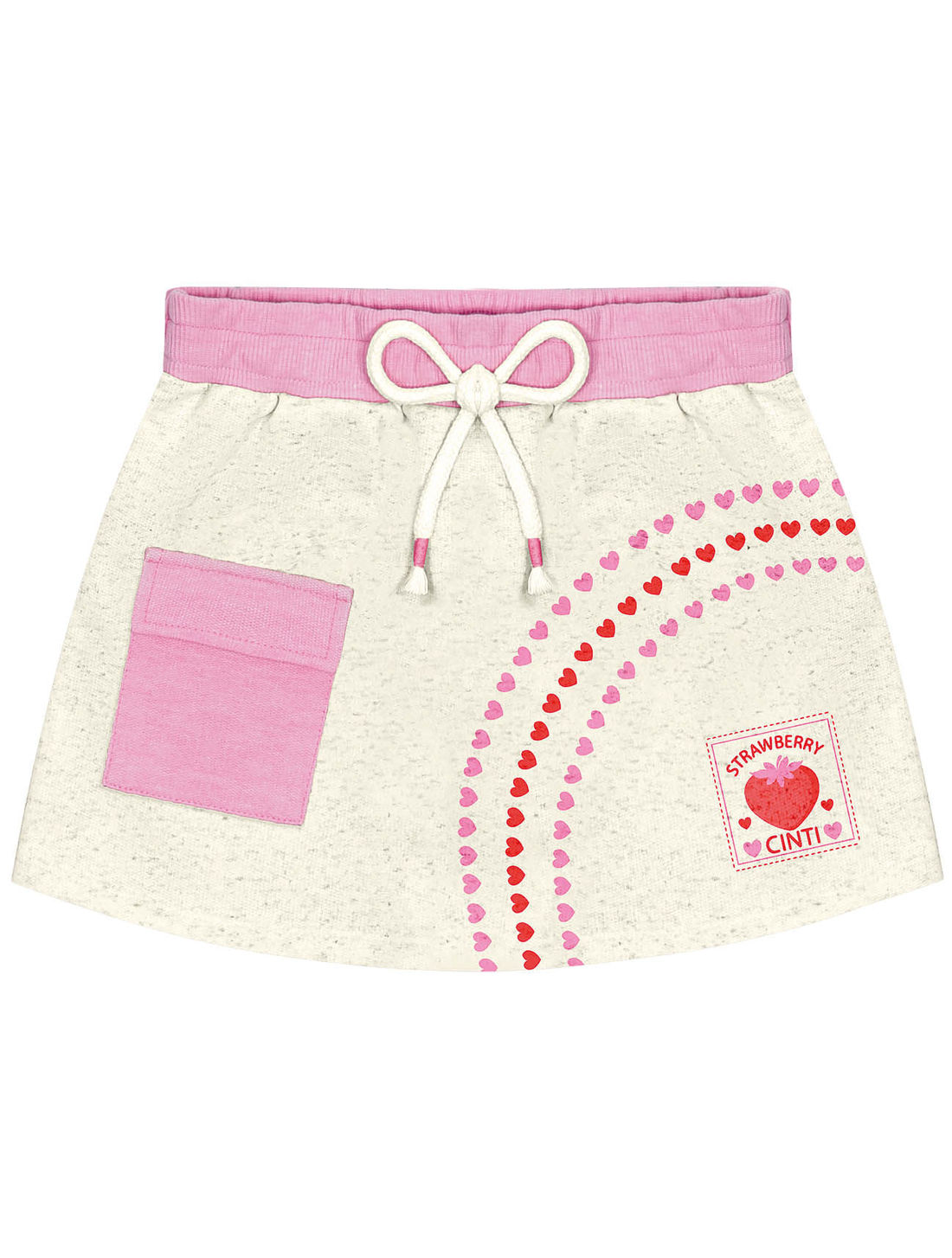 Conjunto Infantil Menina Blusa Gatinha; Short-Saia E Bolsa Strawberry Off White E Rosa Cinti