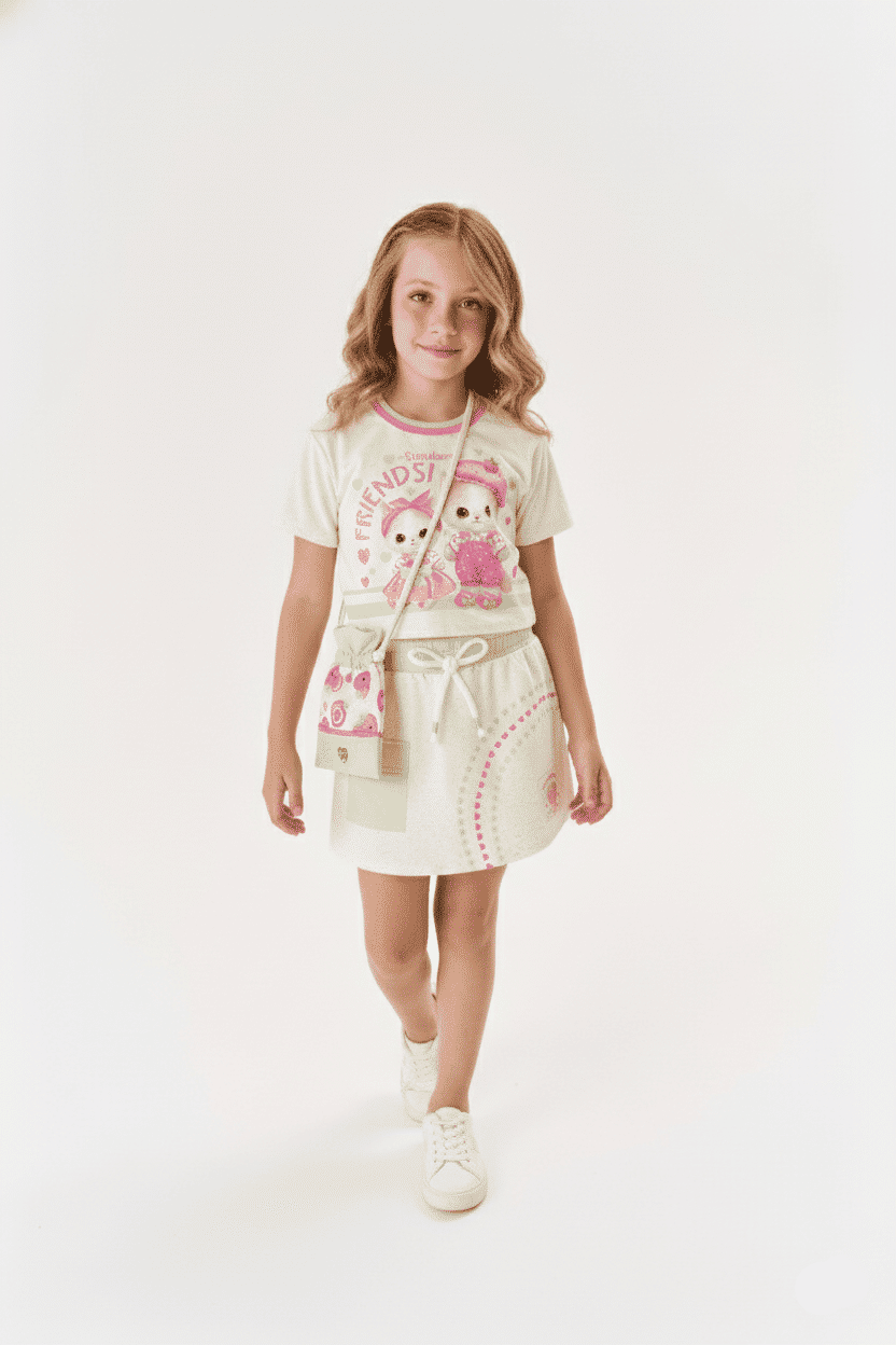 Conjunto Infantil Menina Blusa Gatinha; Short-Saia E Bolsa Strawberry Off White E Verde Cinti