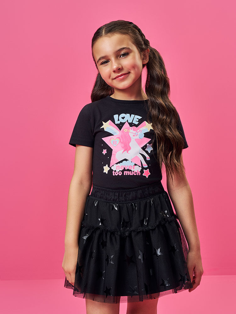 Conjunto Infantil com Blusa em Cotton de Unicórnio e Saia Shorts em Tule de Estrelas – Look Menina V PRETO