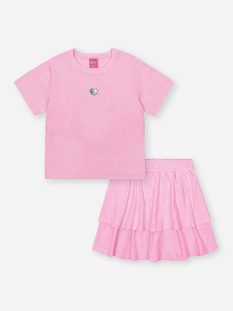 Conjunto Infantil com Blusa e Saia Shorts em Malha Botonê – Look Menina Verão com Algodão ROSA IOGURTE