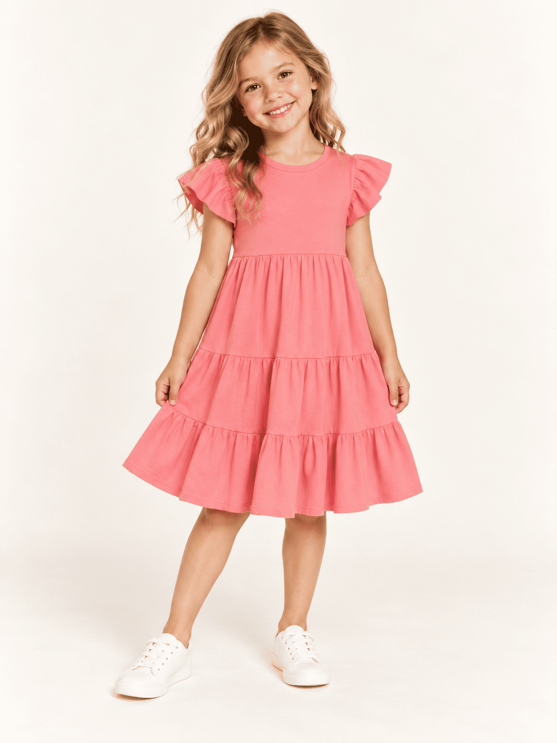 Vestido Infantil em Camadas Manga Curta Coral Vestido Infantil em Camadas Manga Curta Coral