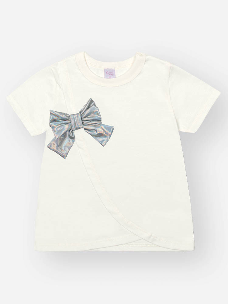 Conjunto Infantil de Blusa Laço em Meia Malha com Ciclista Metalizada NATURAL/PRATA