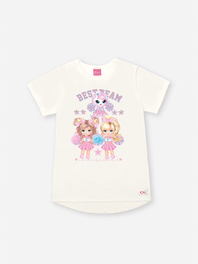 Conjunto Infantil Menina Cheerleader com Bermuda Ciclista Estampada NATURAL/RS CONFETE