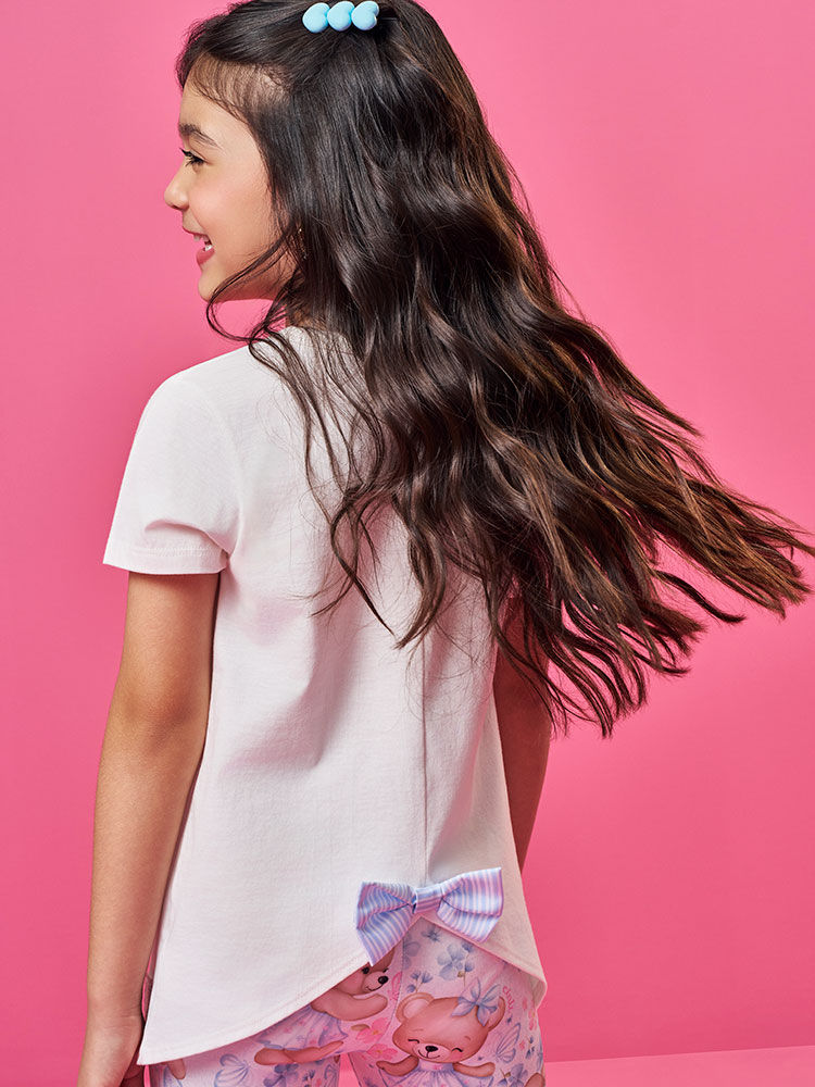 Conjunto Infantil com Blusa 100% Algodão e Legging em Suplex – Look Menina Verão com Ursinha e Stras NATURAL/AZ PORCELANA