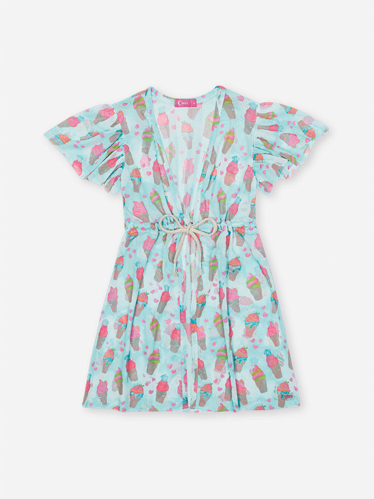Saída de Praia Infantil em Tule Flex Estampado – Moda Praia Menina Verão com Sorvetes e Ursinhas VERDE ATOL