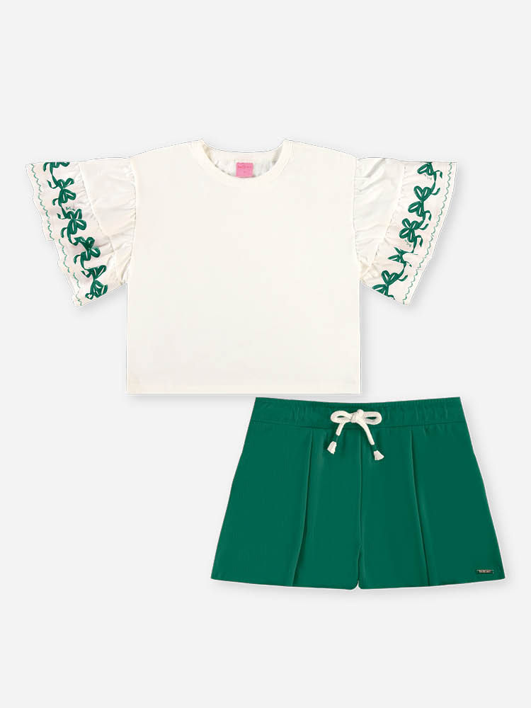 Conjunto Infantil Menina Blusa Boxy Laços e Short Waffle Verde