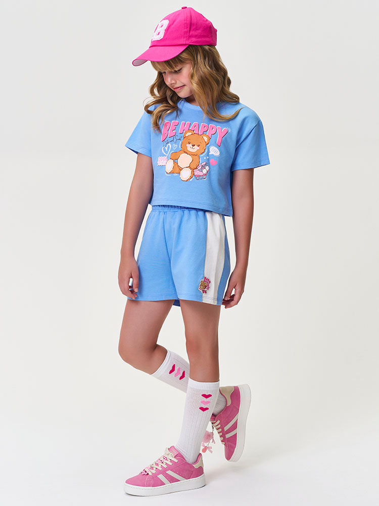 Conjunto Infantil Menina Blusa Boxy Ursinho e Short Azul