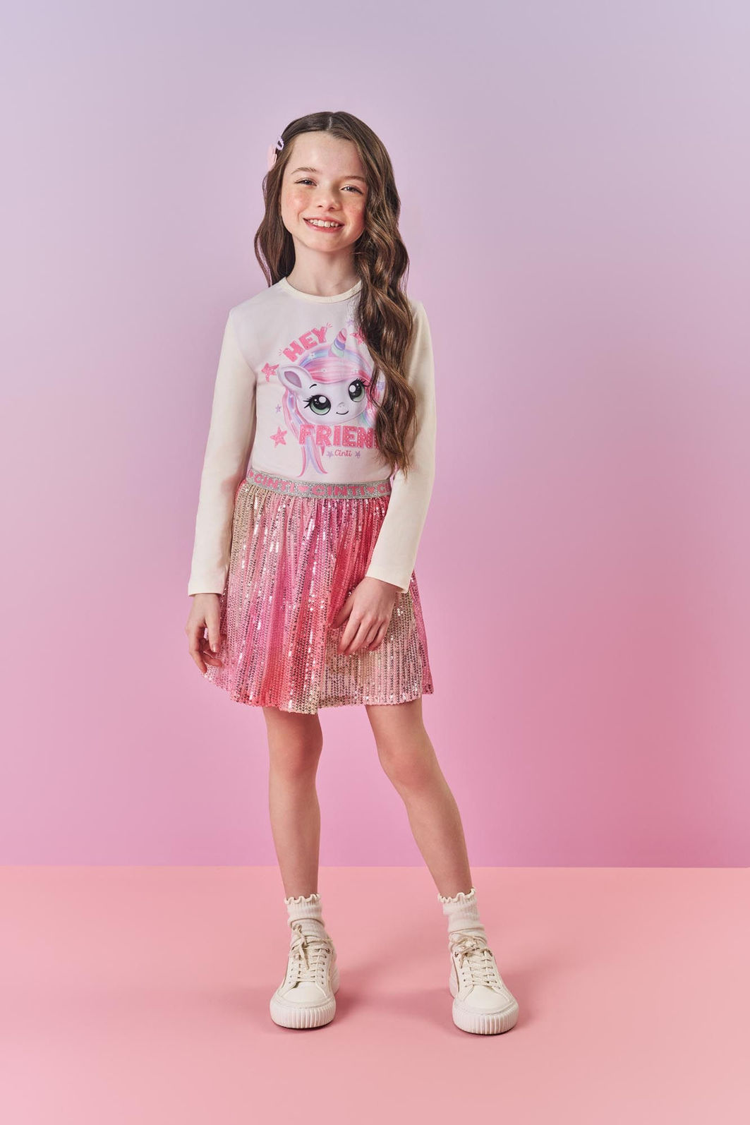 Conjunto Infantil Menina Blusa E Saia-Short Paetê Rosa Mundo Cinti