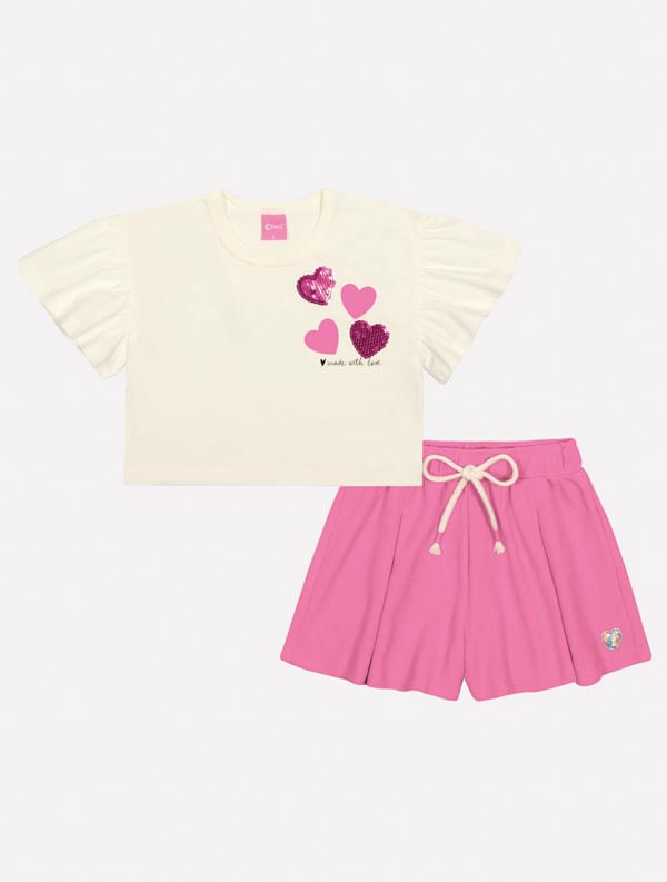 CONJ BLUSA E SHORTS NATURAL/ROSA CINTI