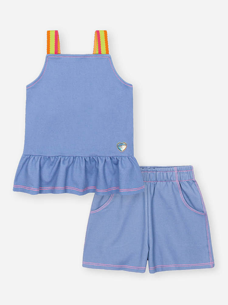 Conjunto Infantil com Regata Boxy e Shorts em Molecotton Denim – Look Menina Verão com Alças Colorid AZUL JEANS MEDIO