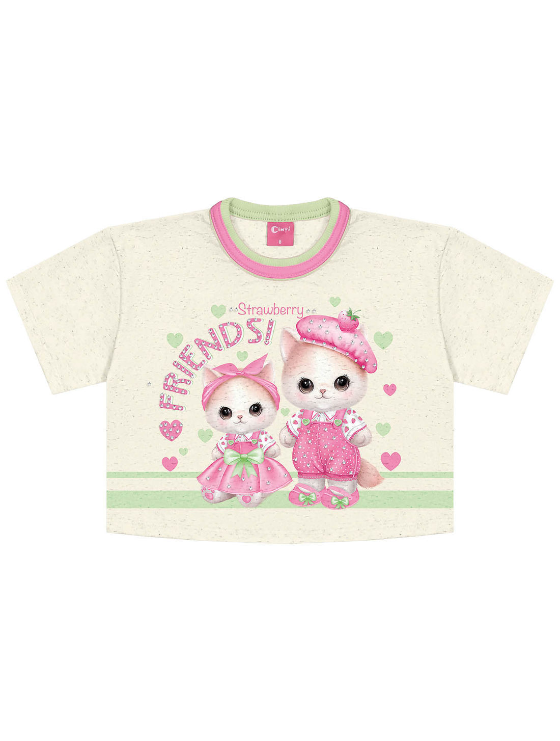 Conjunto Infantil Menina Blusa Gatinha; Short-Saia E Bolsa Strawberry Off White E Verde Cinti