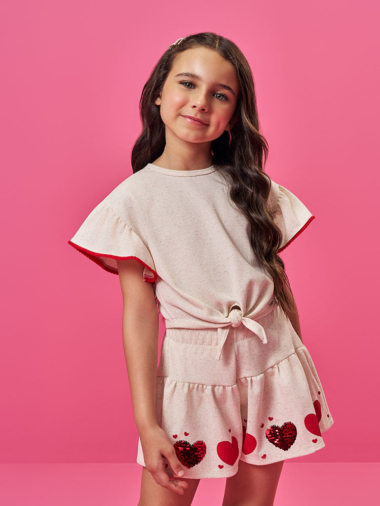 Conjunto Infantil de Festa com Blusa e Shorts em Moletinho Waffle Linho – Look Menina Verão com Cora OFF WHITE