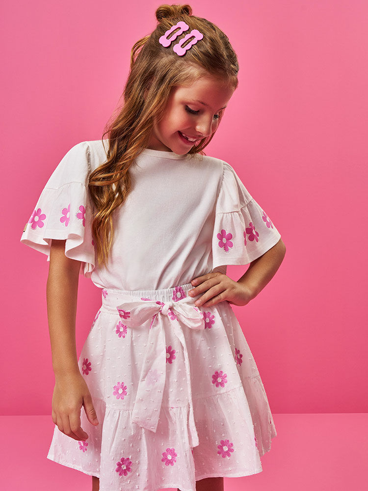 Conjunto Infantil com Blusa e Saia Shorts Bordada – Look Menina Verão Off White NATURAL/OFF WHITE