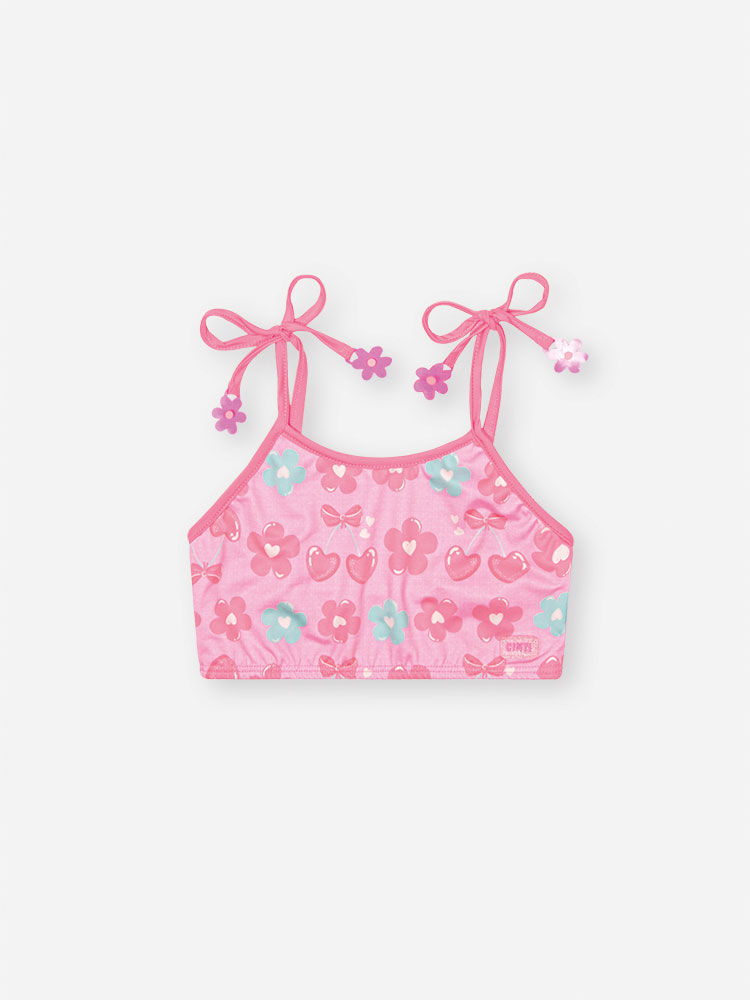 Biquíni Infantil em Malha UV com Estampa Floral Rosa Neon – Moda Praia Floral Menina Verão ROSA NEON FORTE
