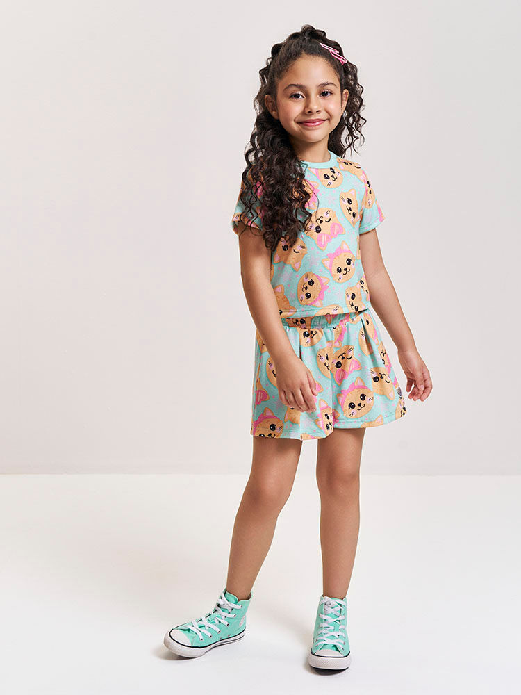 Conjunto Infantil com Blusa e Shorts em Cotton Linho de Gatinhos – Look Menina Verão Verde Brisa VERDE BRISA