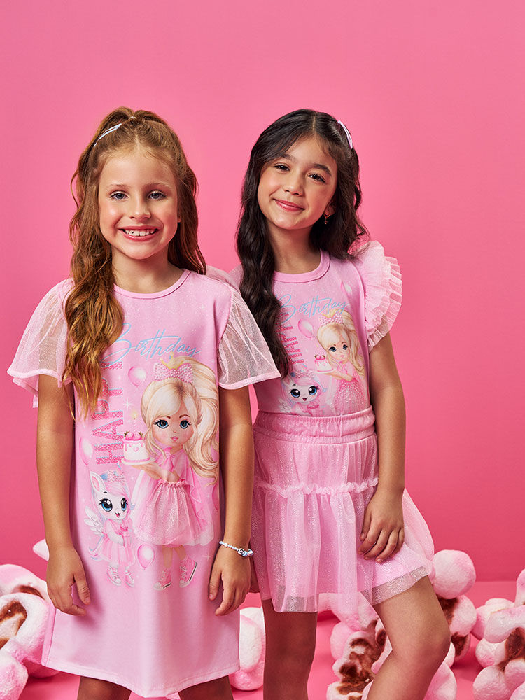 Conjunto Infantil de Aniversário com Saia Shorts em Tule Foil – Princesa Birthday Cinti ROSA IOGURTE