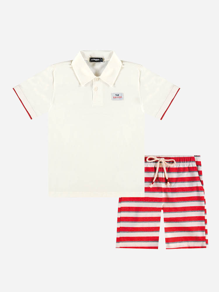 Conjunto Menino Camisa Polo e Bermuda Listrada Vermelho