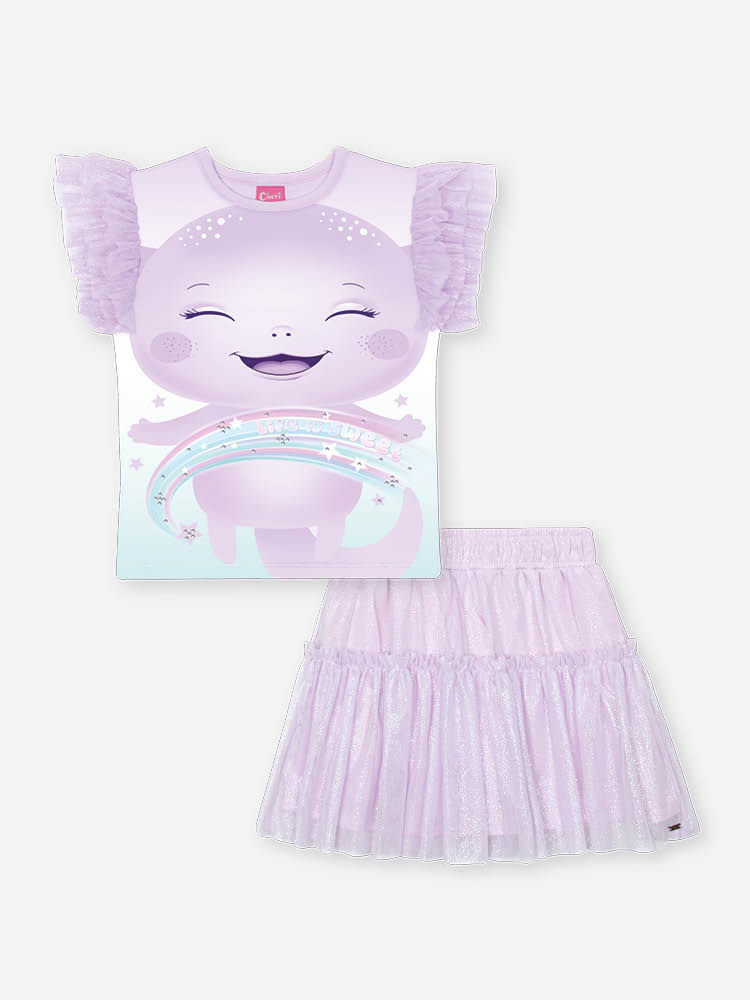 Conjunto Infantil com Blusa Estampa Sara Salamandra e Saia Shorts em Tule Foil – Look Menina Verão c LILAS BRUMA