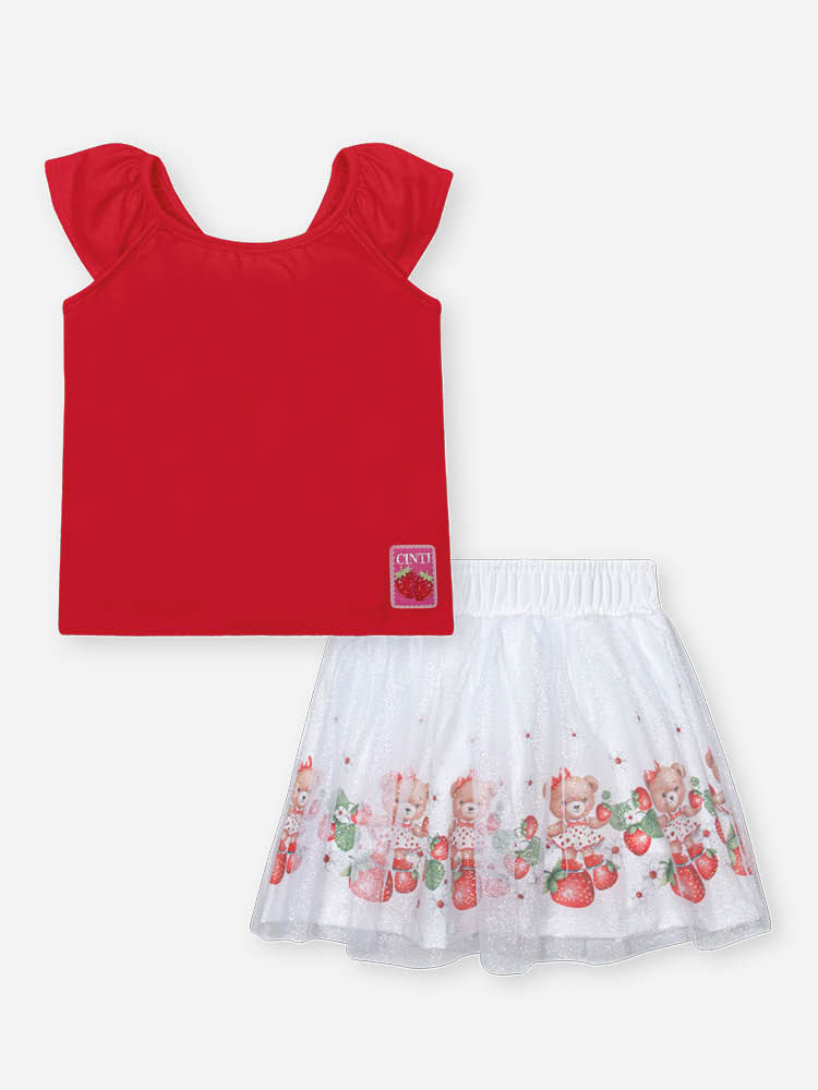 Conjunto Infantil Cropped com Babados e Saia-Short de Tule Ursa Conjunto Infantil Cropped com Babados e Saia-Short de Tule Ursa