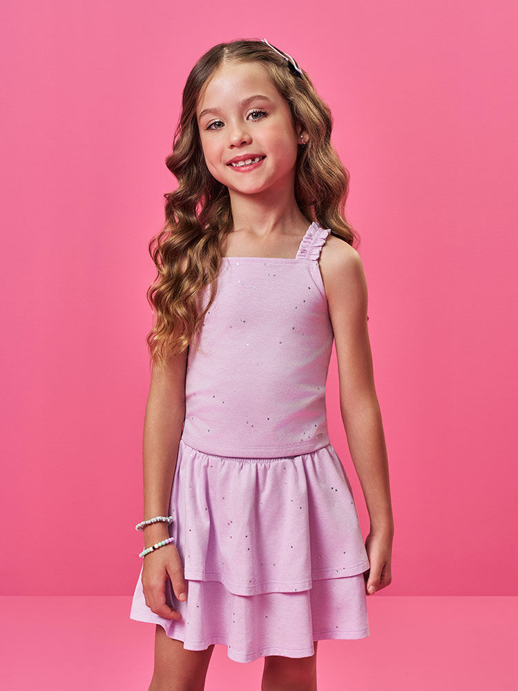Conjunto Infantil com Regata Boxy e Saia Shorts com Glitter – Look Menina Verão em Meia Malha LILAS BRUMA