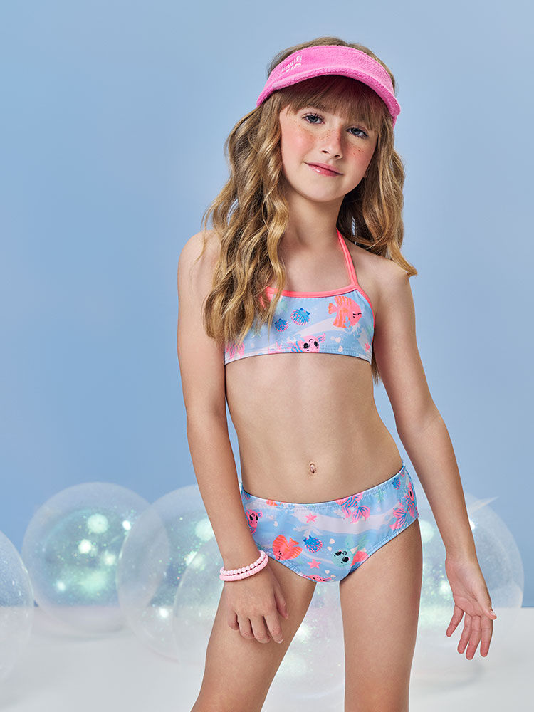 Biquíni Infantil em Malha UV com Estampa de Conchas e Fundo do Mar – Moda Praia Menina Verão com Blu AZUL PORCELANA