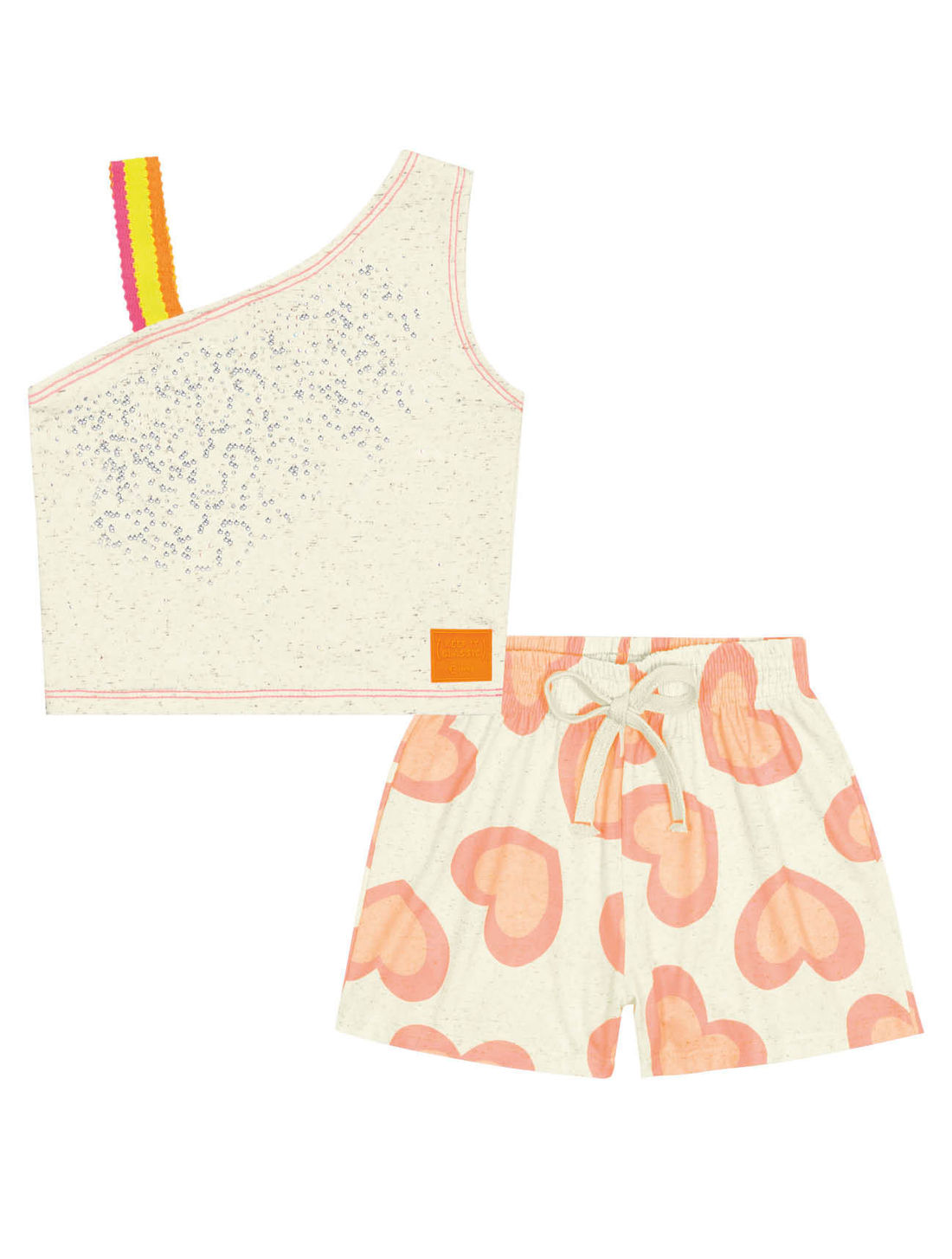 Conjunto Infantil Menina Blusa E Short Corações Off White E Laranja Neon Cinti Conjunto Infantil Menina Blusa E Short Corações Off White E Laranja Neon Cinti