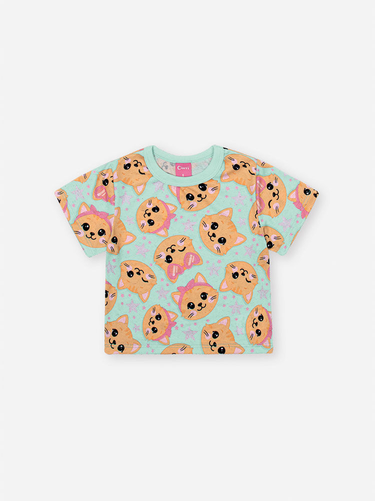 Conjunto Infantil com Blusa e Shorts em Cotton Linho de Gatinhos – Look Menina Verão Verde Brisa VERDE BRISA