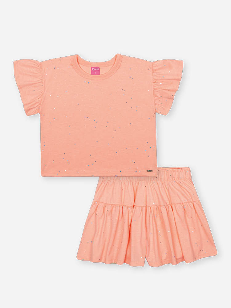 Conjunto Infantil Neon Love com Blusa e Shorts em Meia Malha P.A com Glitter – Look Menina Verão LARANJA NEON LIGHT