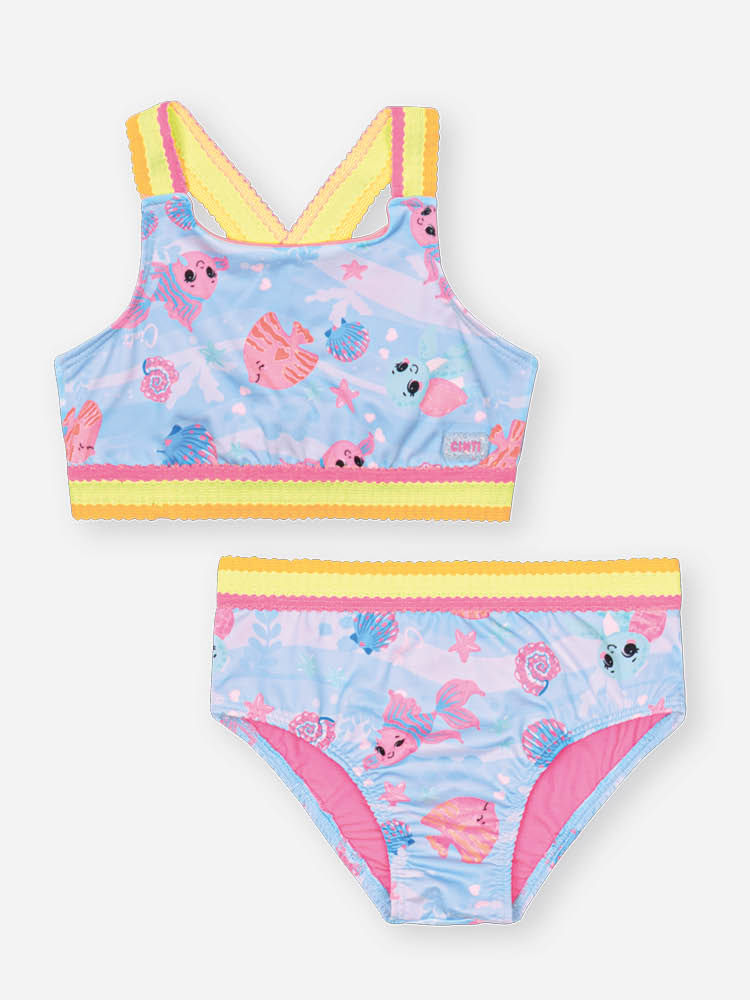 Biquíni Infantil em Malha UV com Estampa de Peixes – Moda Praia Menina Azul Porcelana AZUL PORCELANA