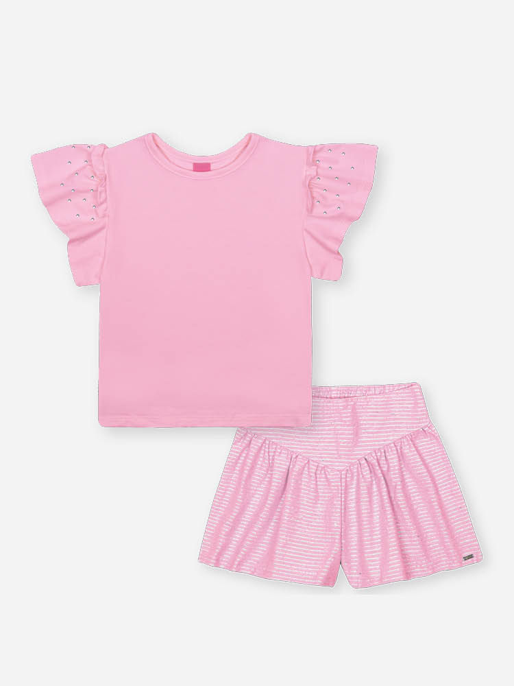 Conjunto Infantil com Blusa em Cotton e Shorts em Sarja Glow – Look Menina Verão com Strass NATURAL/RS IOGURTE