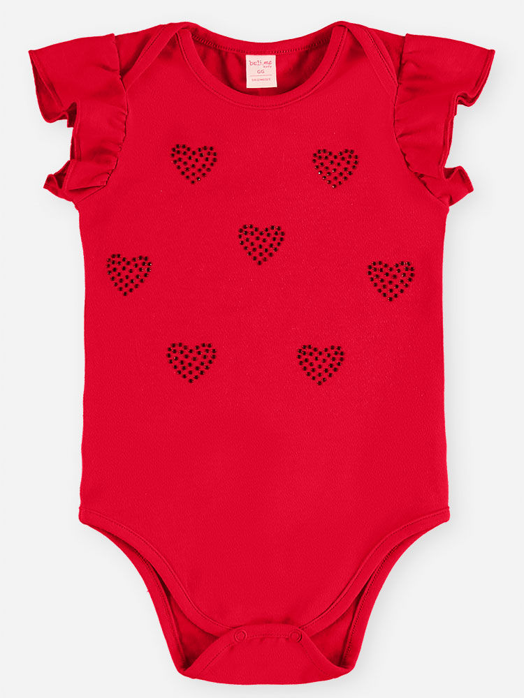 Body Infantil Bebê com Corações de Strass e Babados Vermelho Body Infantil Bebê com Corações de Strass e Babados Vermelho
