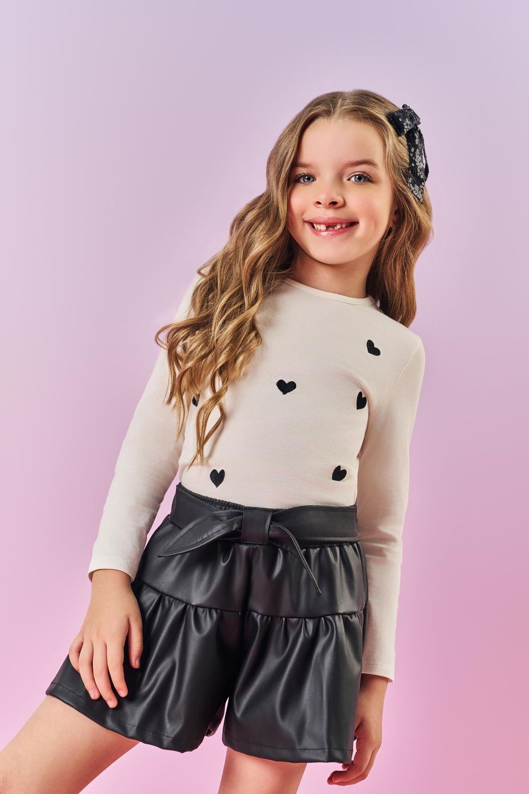 Short Infantil Menina Courino Preto Mundo Cinti