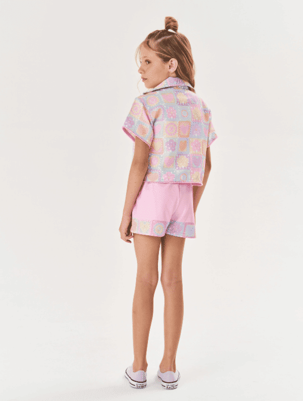 Conjunto Infantil Menina Blusa Cropped, Short E Camisa Total Print Rosa Cinti