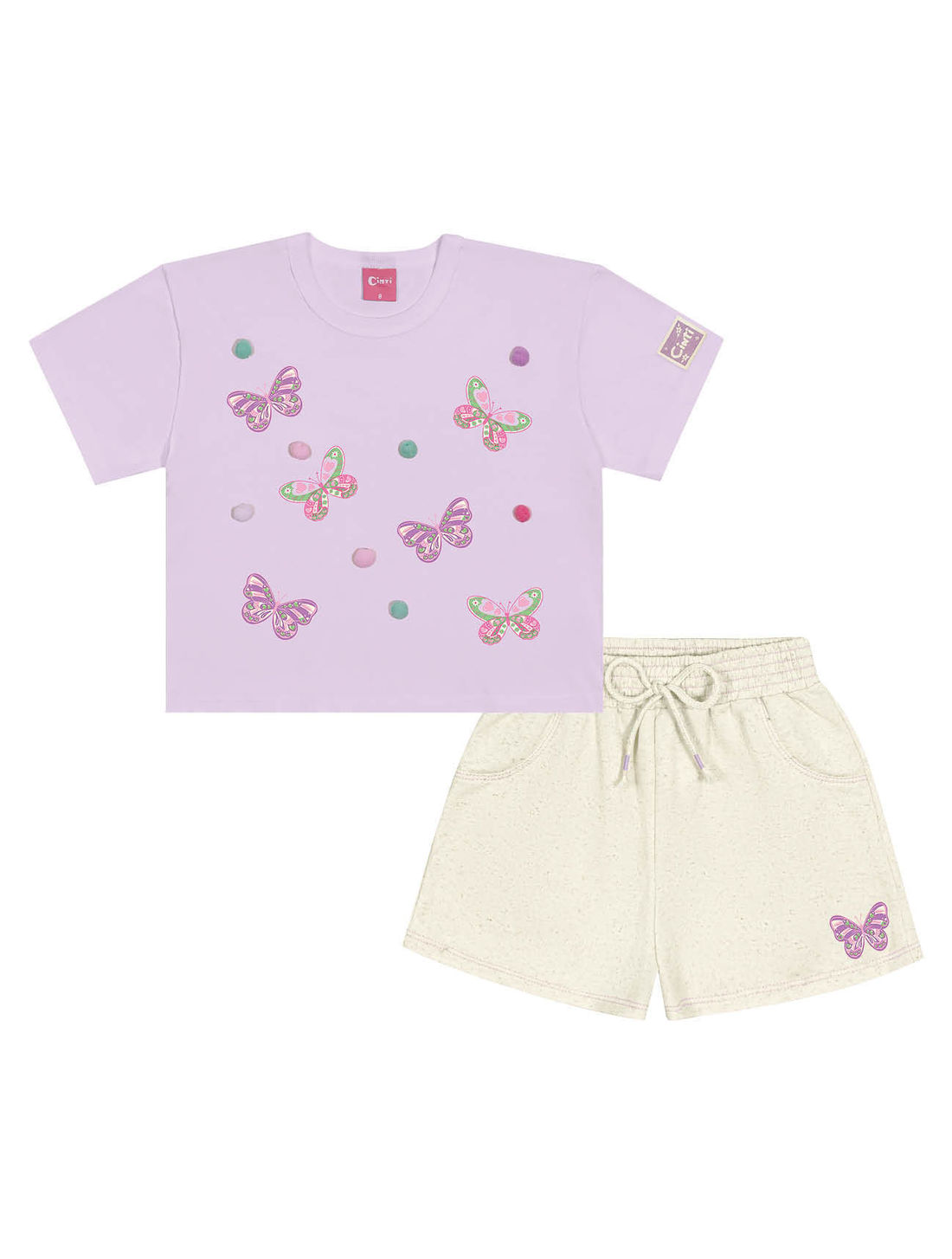 Conjunto Infantil Menina Blusa Boxy E Short  Borboletas E Pompom Lilás E Off White Cinti