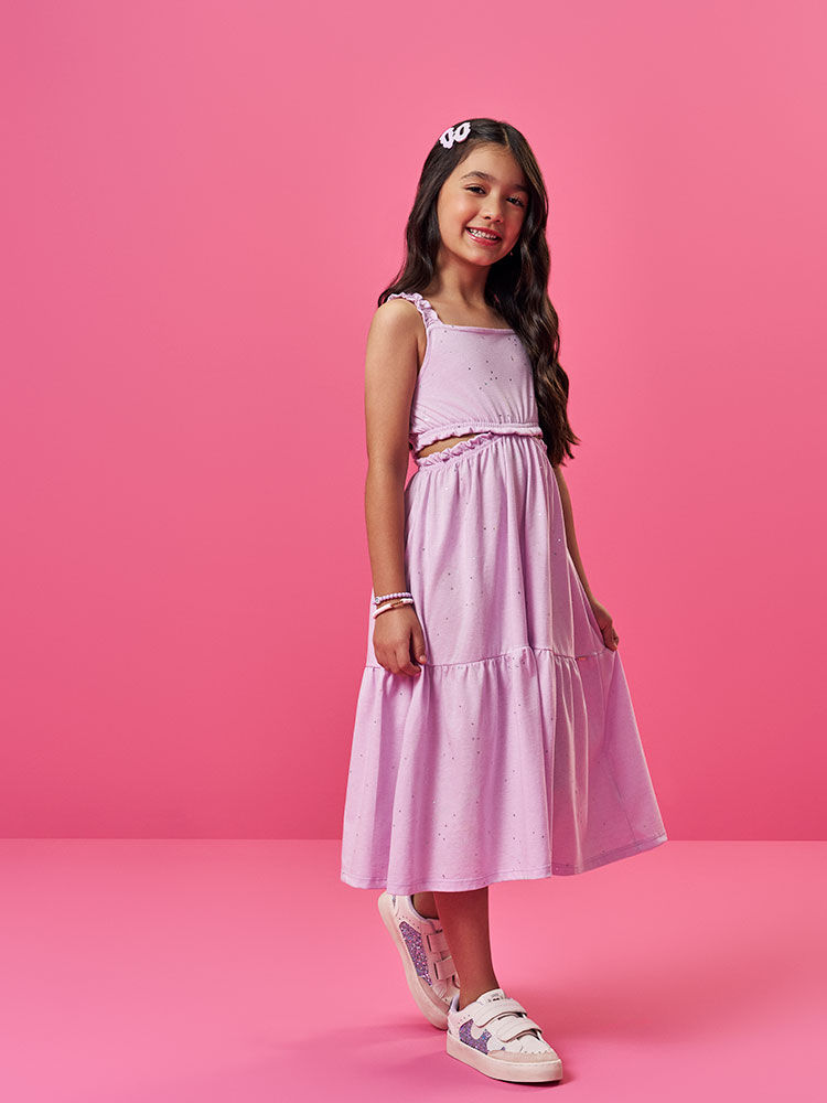Vestido Infantil em Meia Malha com Glitter – Vestido Menina Verão Lilás com Recortes LILAS BRUMA