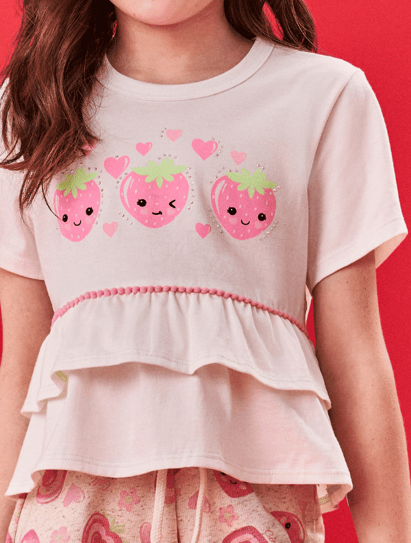 Conjunto Infantil Menina Blusa E Short Strawberry Natural E Rosa Cinti