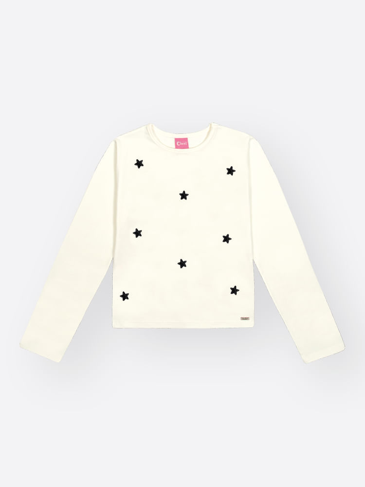 Blusa Menina em Cotton Estrelas Bordadas Mundo Cinti NATURAL/PRETO