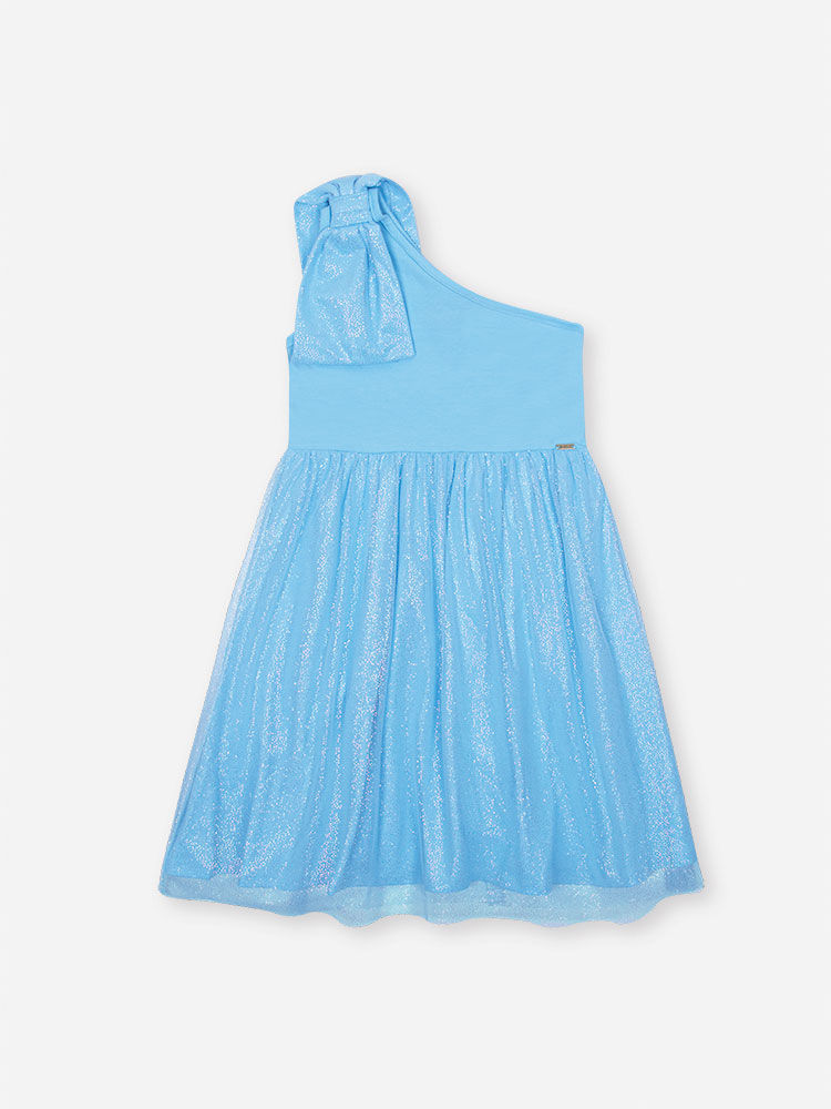Vestido Infantil em Cotton com Tule Foil – Vestido Menina Verão de Um Ombro Só AZUL PORCELANA