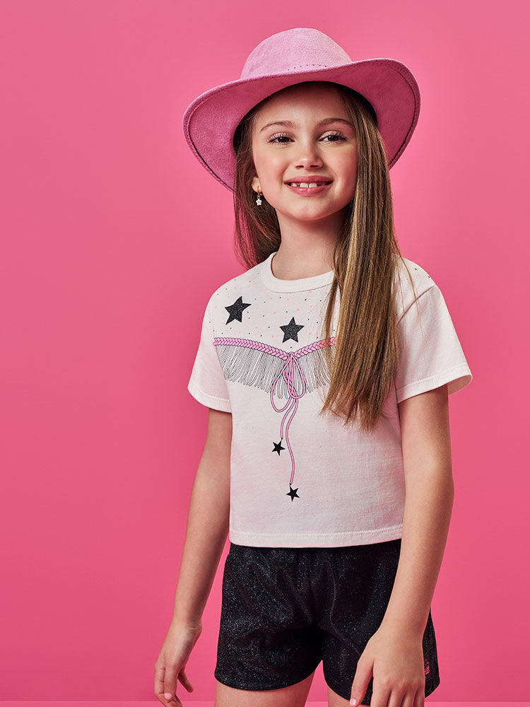 Conjunto Infantil com Blusa Boxy Boiadeira e Shorts em Malha Glow – Look Menina Verão com Glitter NATURAL/PRETO