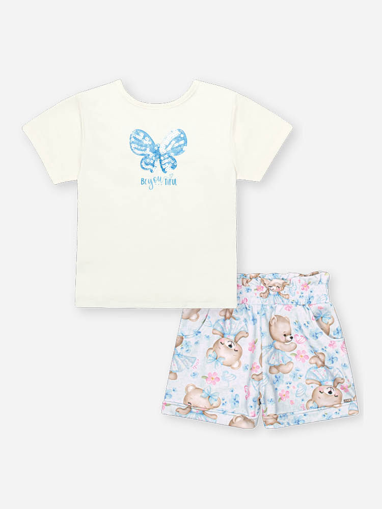 Conjunto Infantil com Blusa em Cotton Bordada e Shorts Estampado – Look Menina Verão com Ursinhas NATURAL/AZ PORCELANA