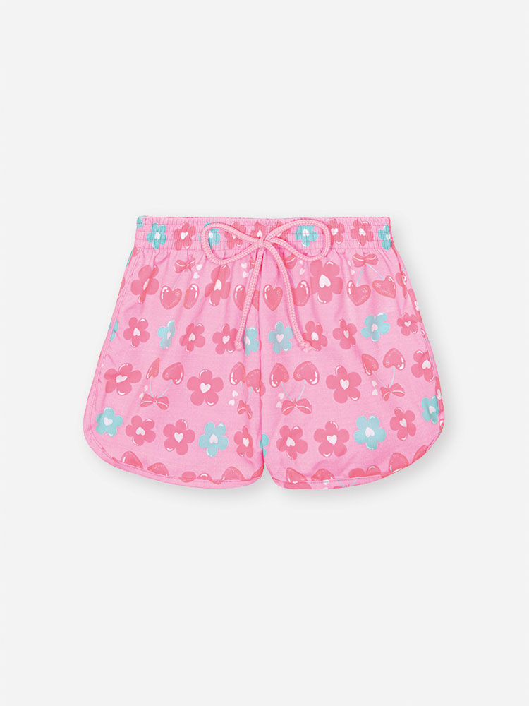 Shorts Infantil em Nylon Estampado – Short Menina Moda Praia Verão com Cordão ROSA NEON FORTE