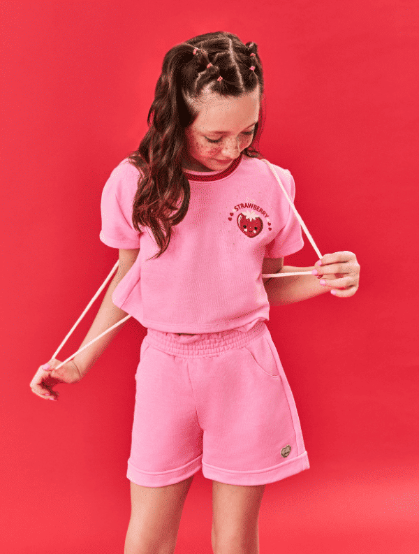 Conjunto Infantil Menina Blusa; Short E Mochila Strawberry Rosa E Vermelho Cinti
