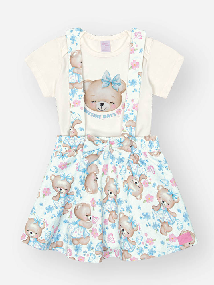 Conjunto Bebê Menina com Salopete Estampada e Body Cotton – Ursinha Delicada Cinti Baby NATURAL/AZ PORCELANA