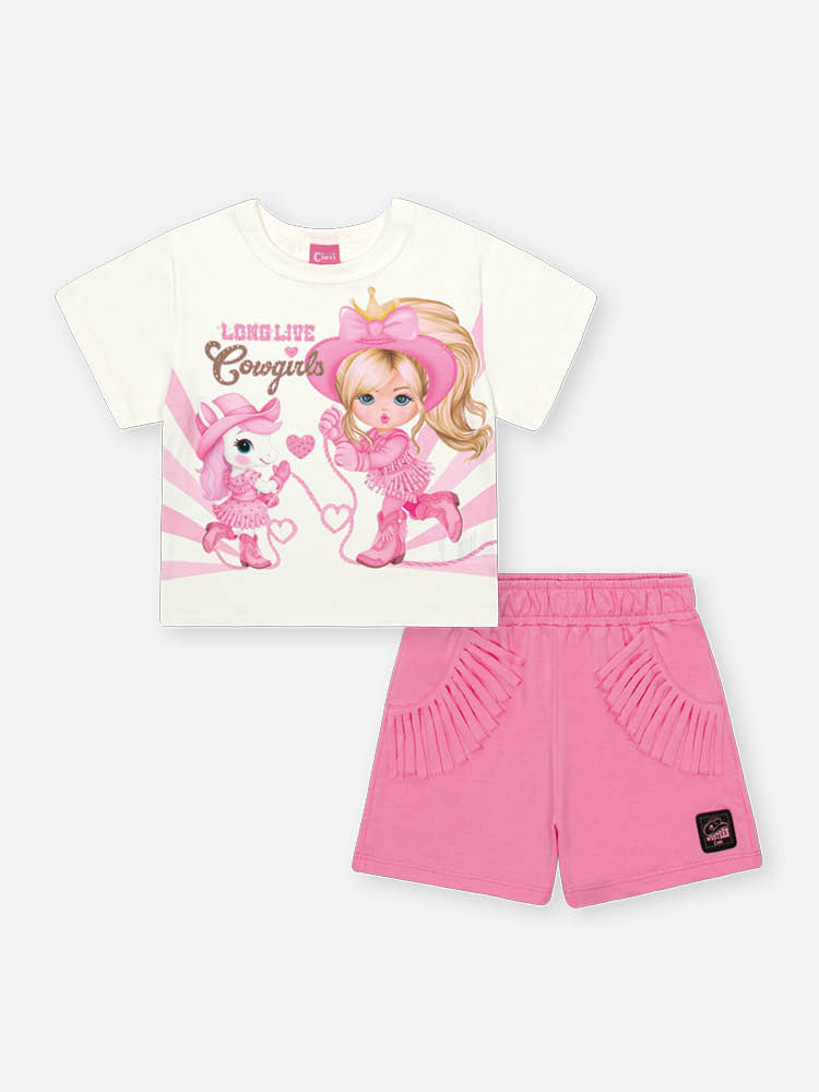 Conjunto Infantil com Blusa Boxy de Princesa Boiadeira e Shorts em Moletinho – Look Menina Verão NATURAL/RS CONFETE