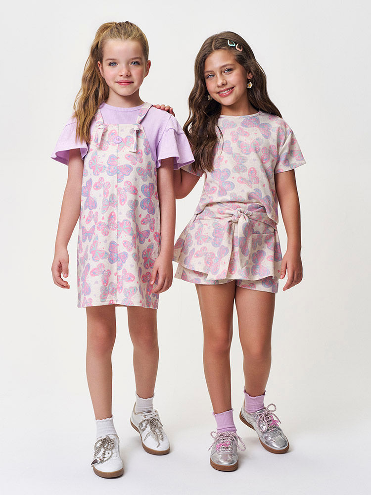 Conjunto Infantil Menina Blusa Boxy e Short-Saia Borboletas