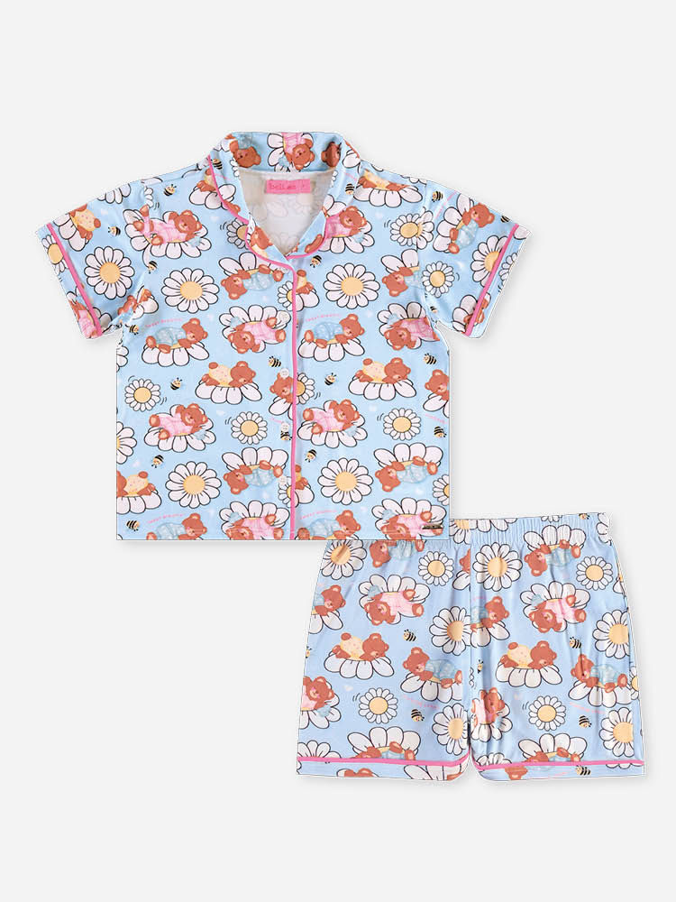 Conjunto Infantil Menina Pijama Ursinhas e Flores em Malha Suede