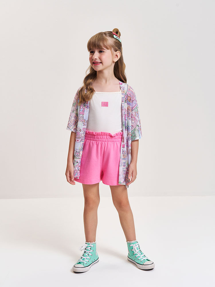 Conjunto Infantil com Top e Shorts em Moletinho com Kimono em Tule – Look Menina Verão de Cachorrinh NATURAL/RS CONFETE