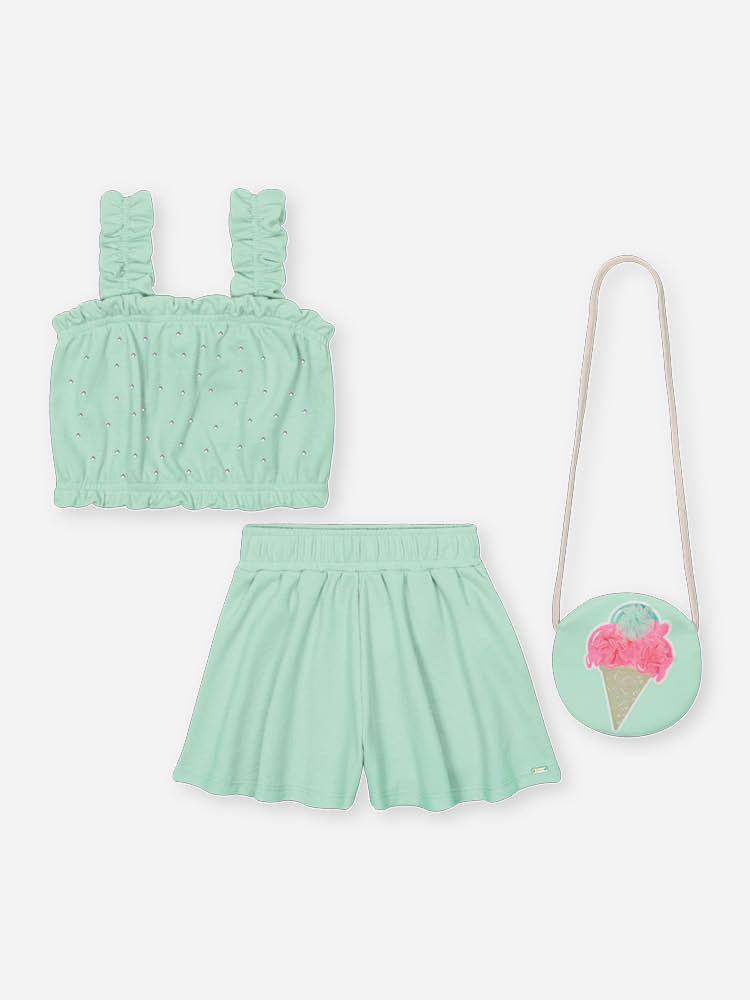 Conjunto Infantil Neon Love com Regata Cropped, Shorts em Moletinho Waffle e Bolsa – Look Menina Ver VERDE BRISA