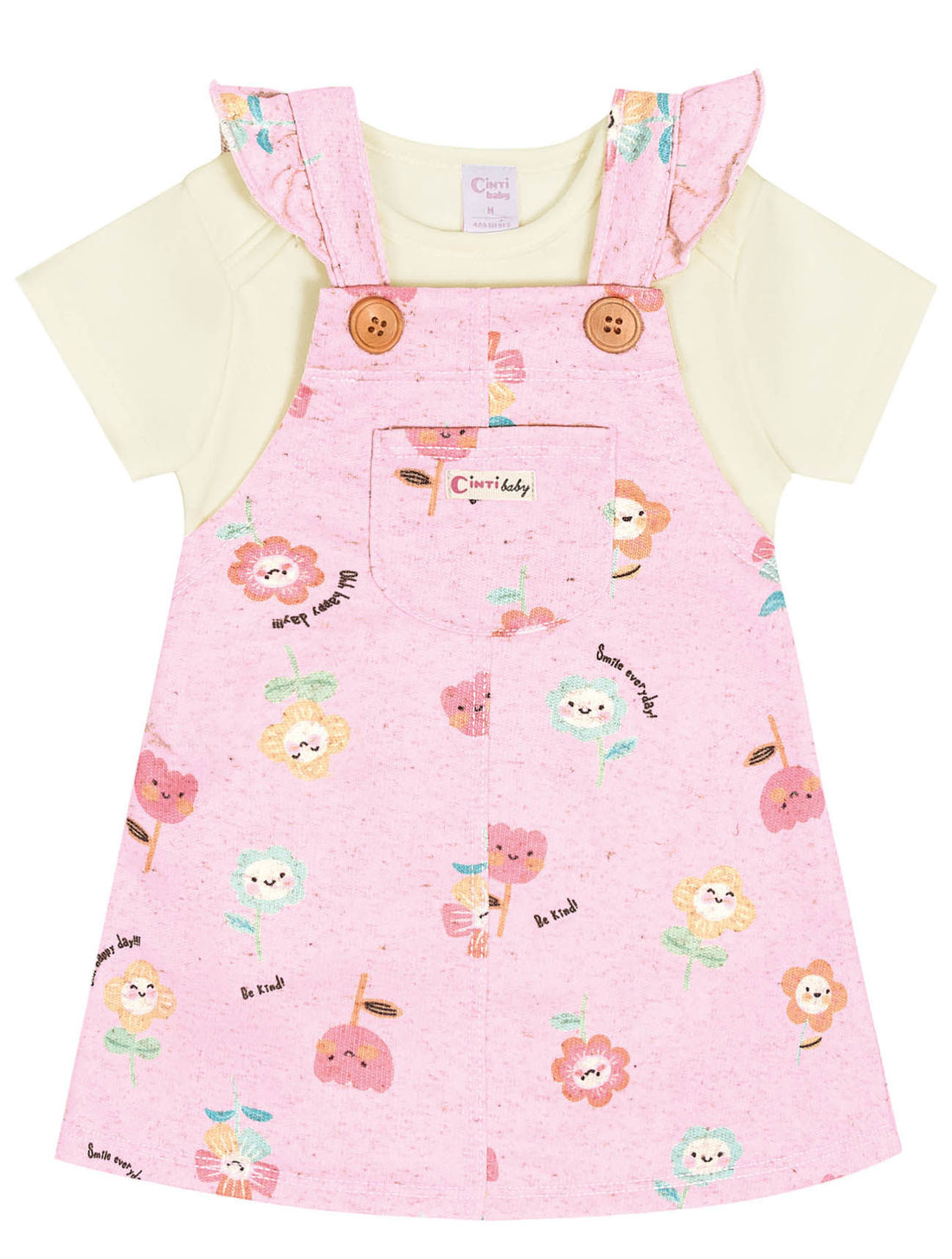Conjunto Bebê Menina Body E Salopete Flores Natural E Rosa Cinti