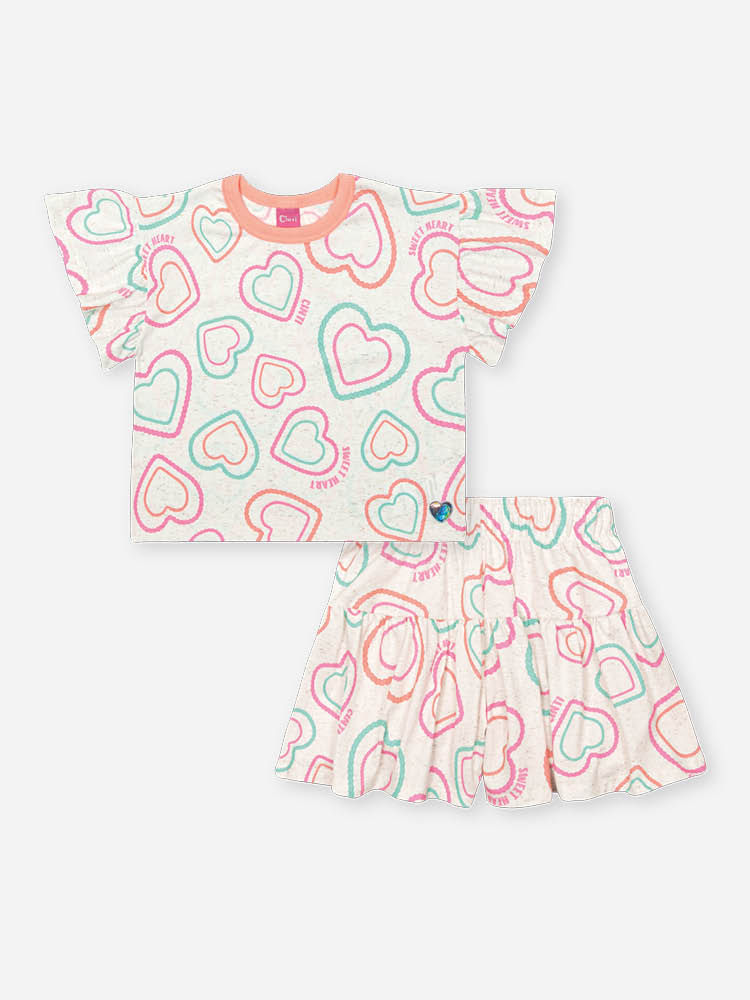 Conjunto Infantil Neon Love com Blusa Boxy e Shorts em Cotton Linho – Look Menina Verão com Estampa OFF WHITE